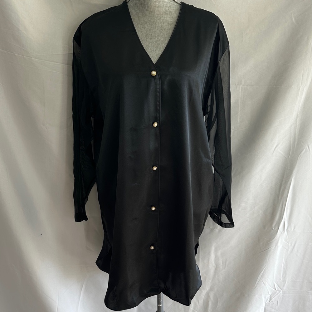 Vintage Gold Label Victoria's Secret Black Satin Button-Front Sleep Shirt